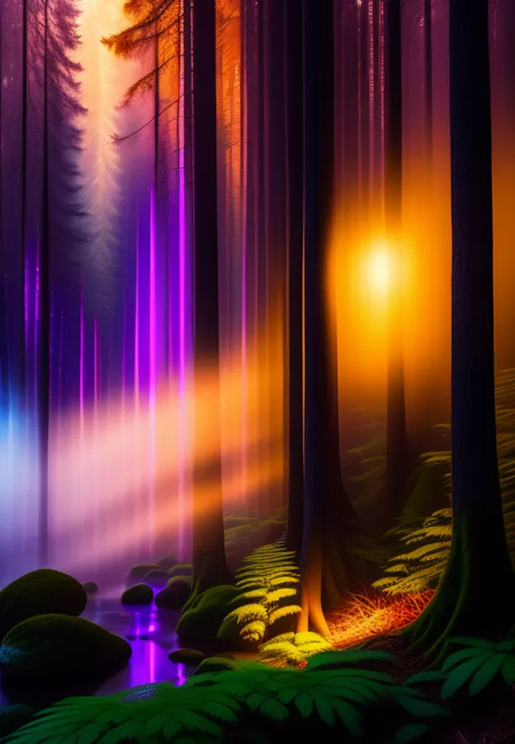 a painting of a forest with a bright light coming through the trees