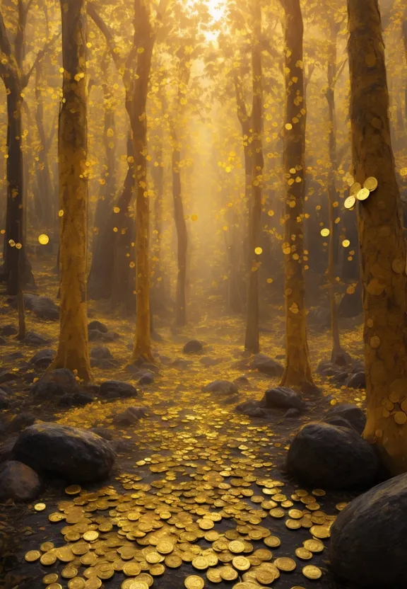 a forest filled with lots of gold coins