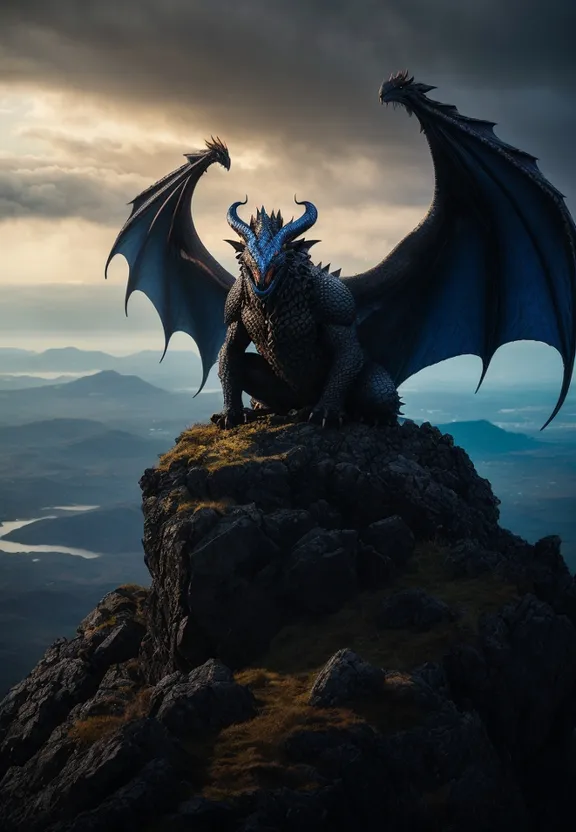 a black dragon sitting on top of a mountain