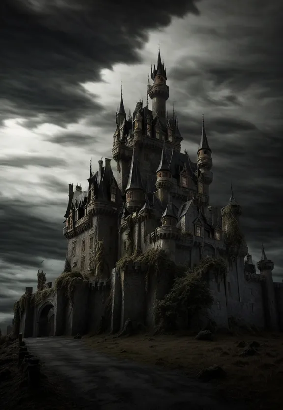 a castle with a dark sky in the background