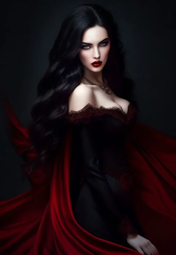 a woman with long hair wearing a red cape