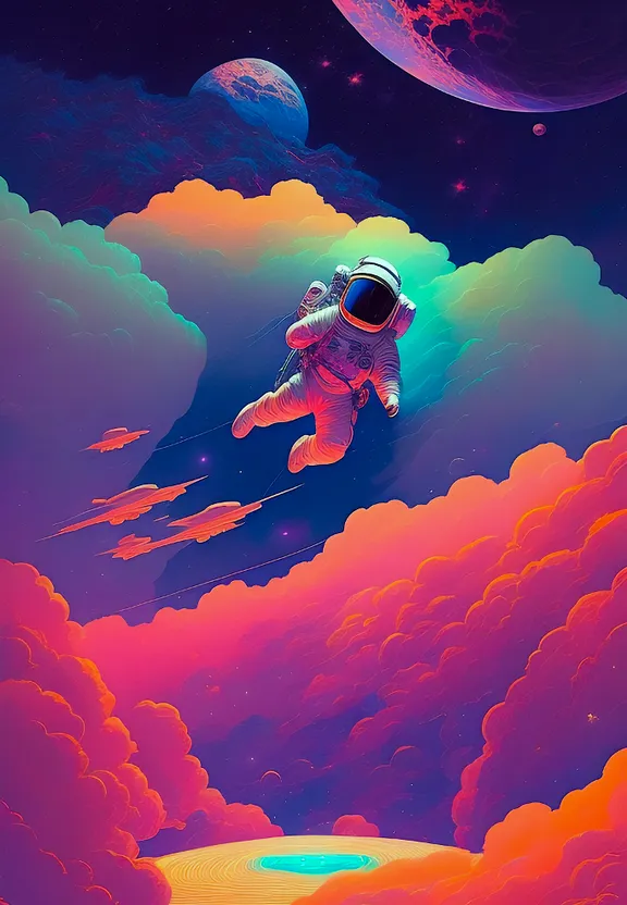 a painting of an astronaut floating in the sky