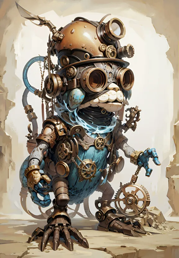 a steampunk character is holding a wrench