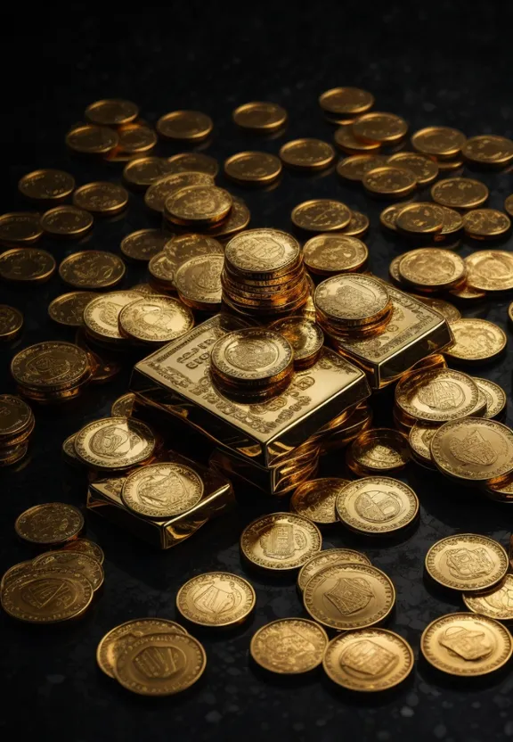 a pile of gold coins sitting on top of a table