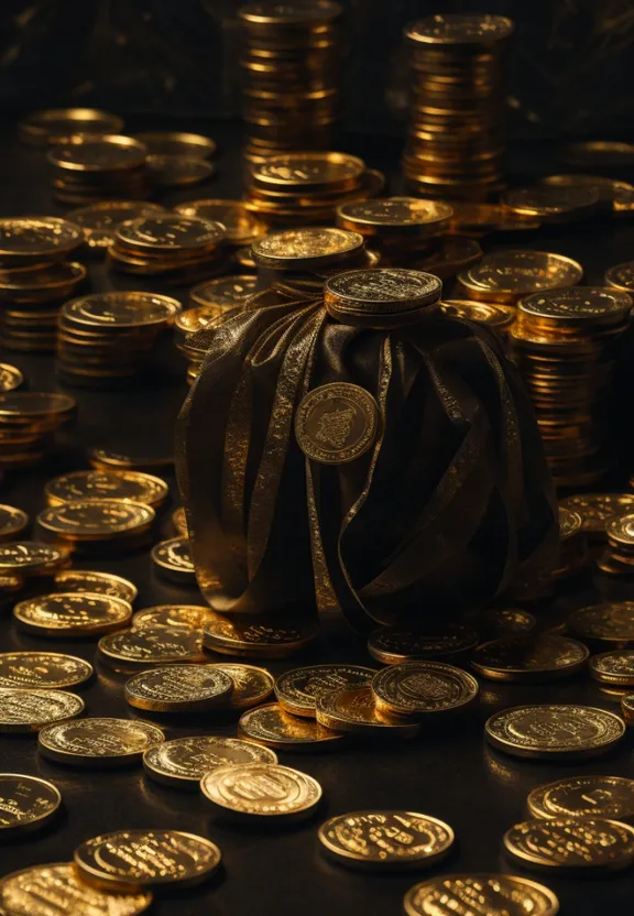 a bag full of gold coins sitting on top of a table