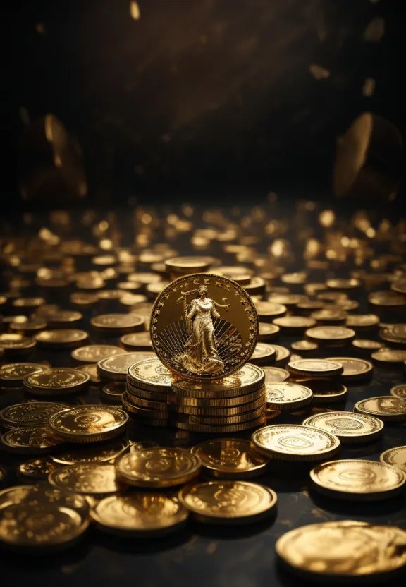 a pile of gold coins sitting on top of a table