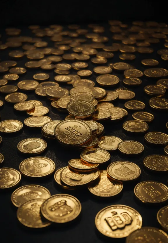 a pile of gold coins sitting on top of a table