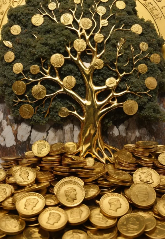 a golden tree on top of a pile of gold coins