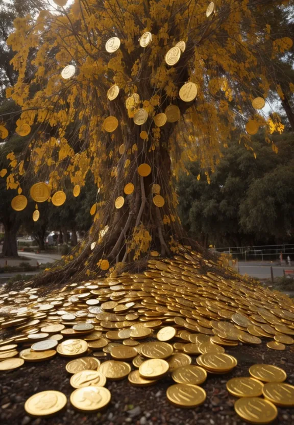 a tree with lots of gold coins on it