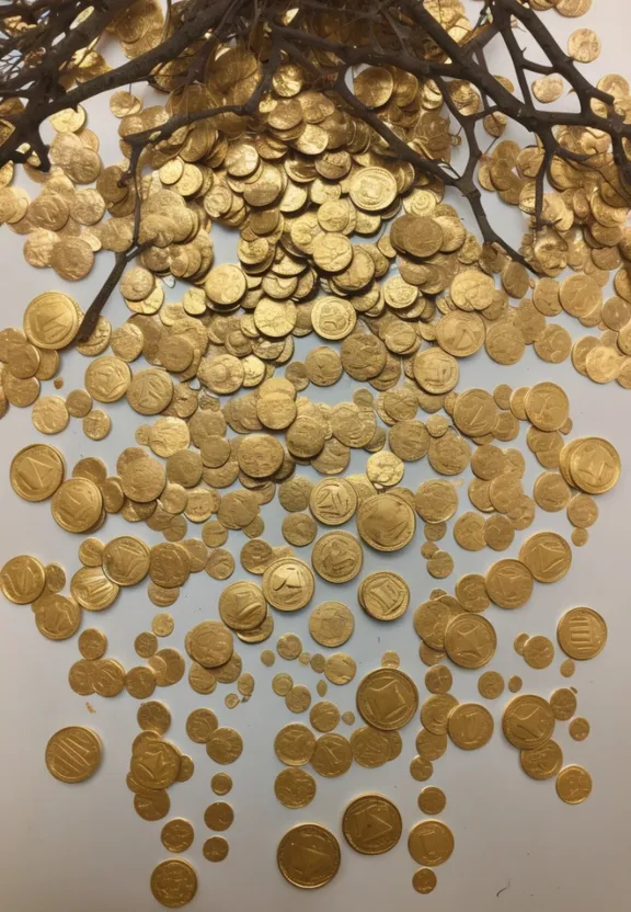 a bunch of gold coins sitting on top of a table