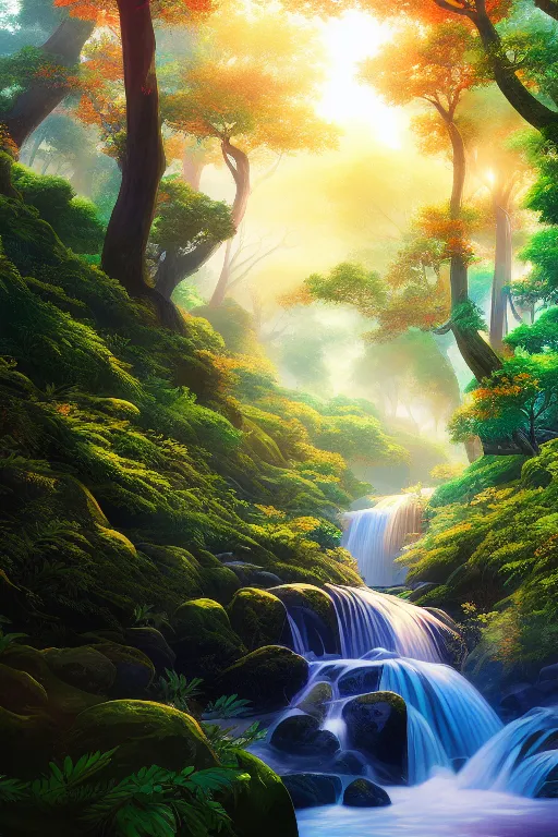 a painting of a waterfall in a forest