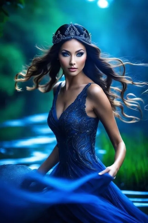 a woman in a blue dress with a tiara