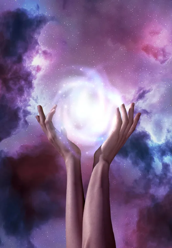 a painting of two hands reaching for a ball of light