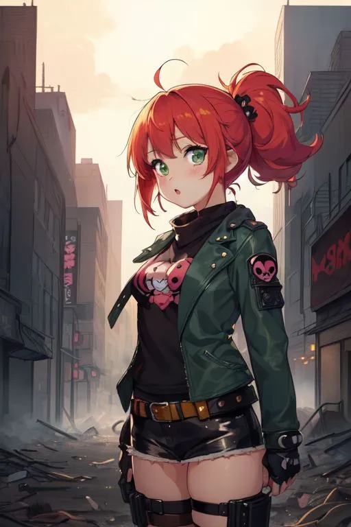 a girl with red hair and green eyes standing in the middle of a street