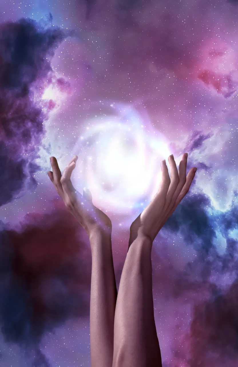 a painting of two hands reaching up into the sky