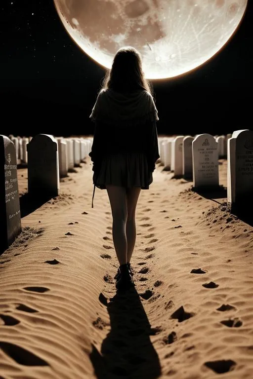 a woman walking down a dessert on path between tombstone in front of a full moon