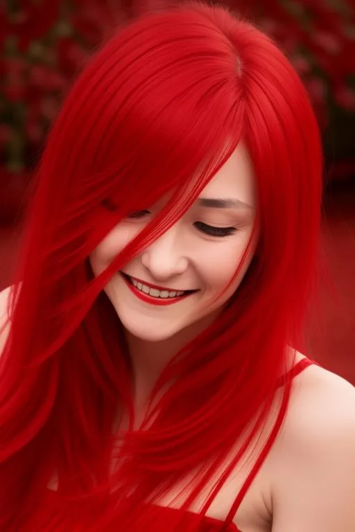 a woman with long red hair and a smile on her face