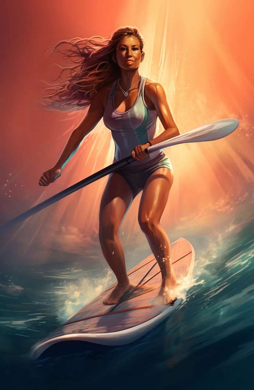 a woman riding a paddleboard on top of a wave