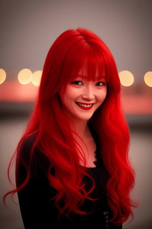 a woman with long red hair smiling at the camera