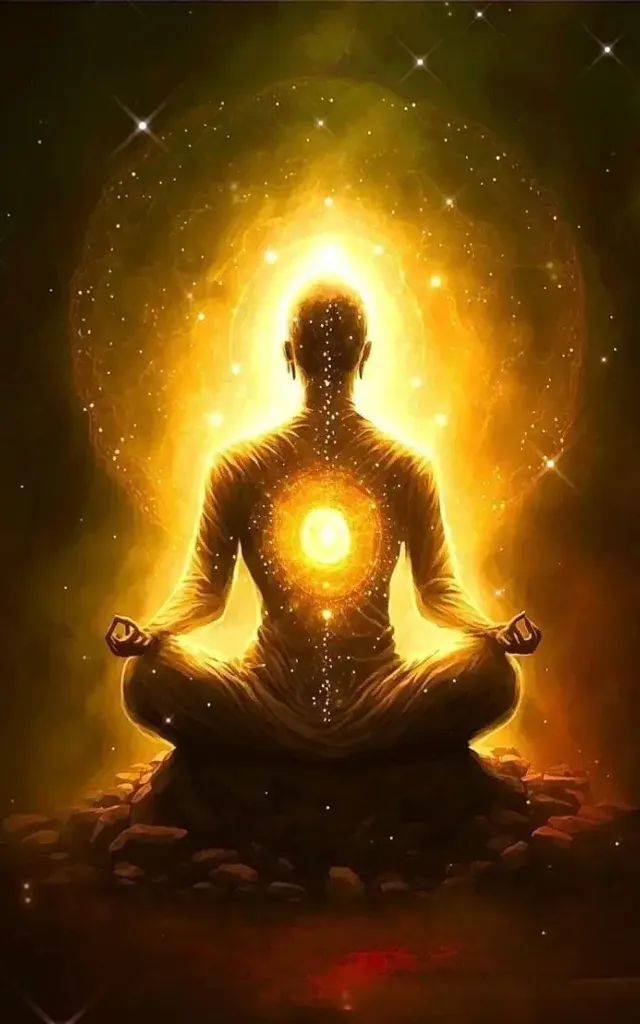 a person sitting in a lotus position with a light shining in the background