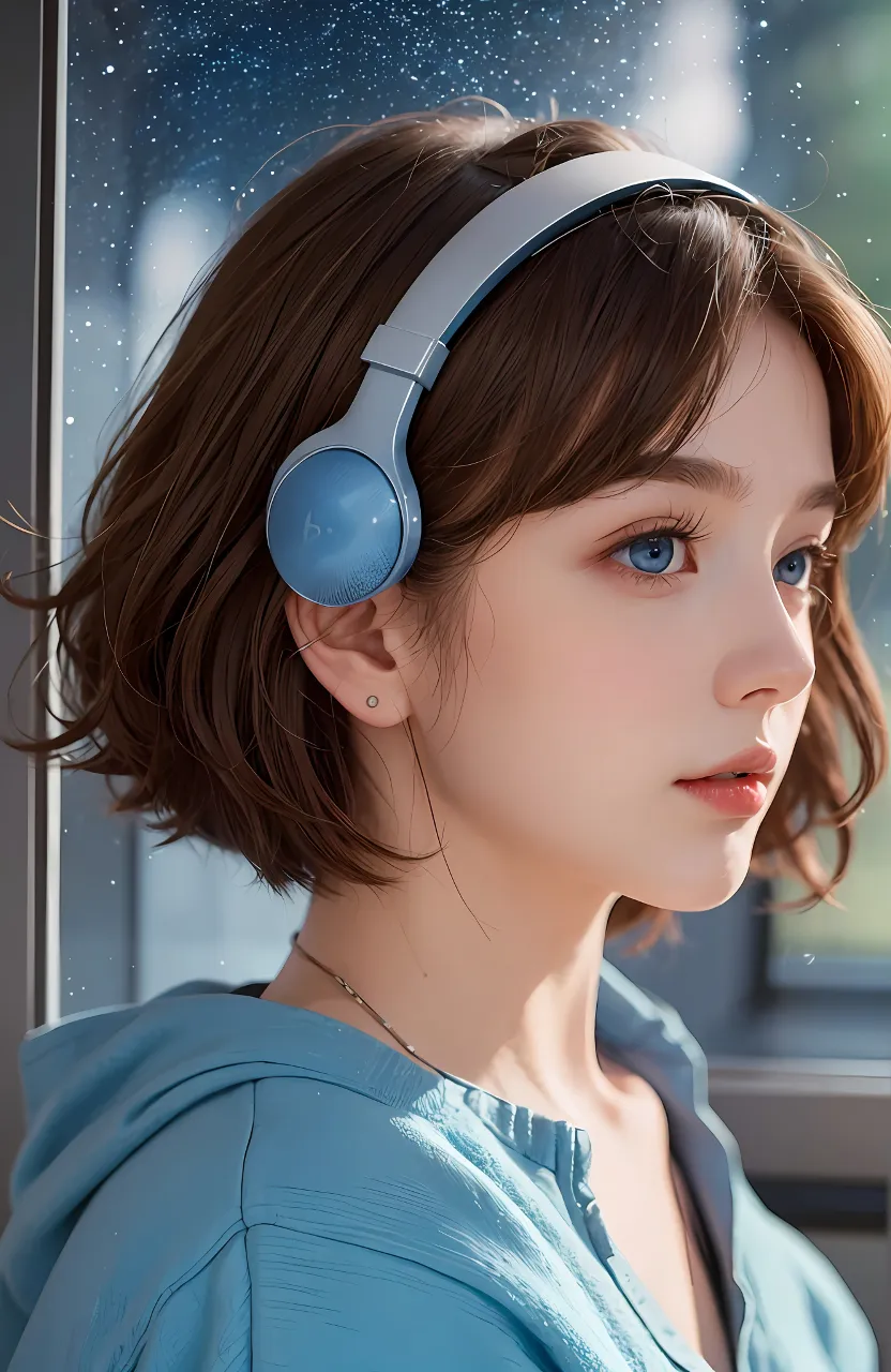 a girl wearing headphones looking out a window