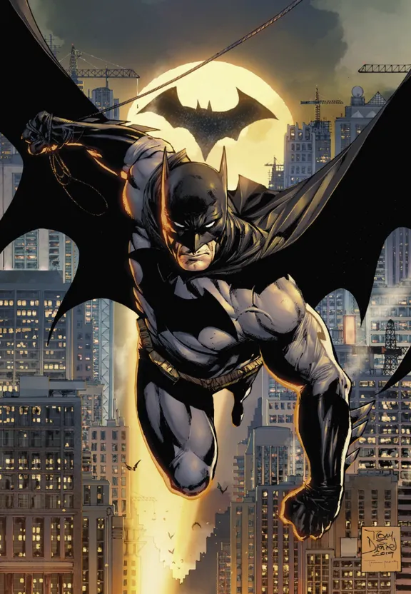 a batman flying through the air over a city