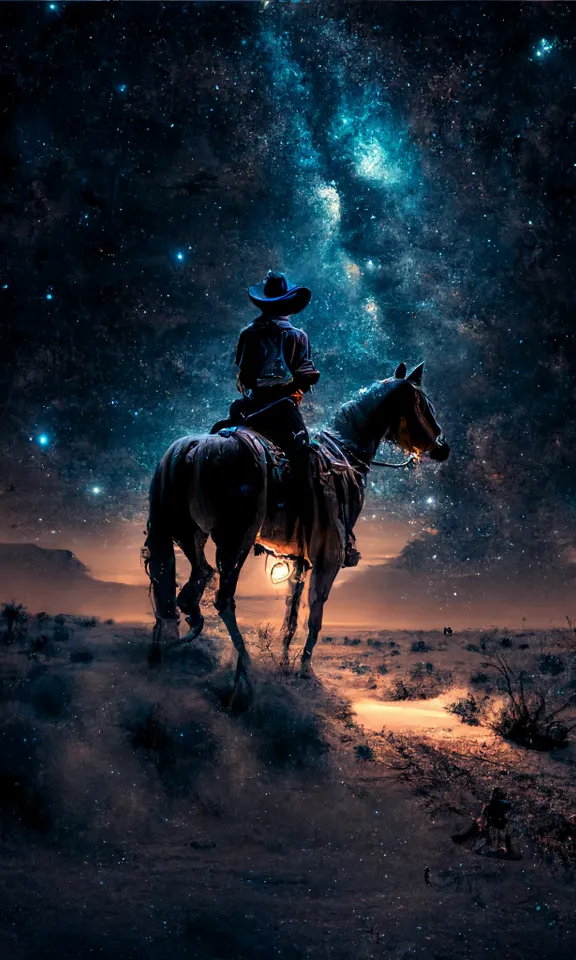 a man riding a horse across a desert under a night sky filled with stars. horse, sky, working animal, horse tack, mammal, horse supplies, bridle, landscape, art, rein