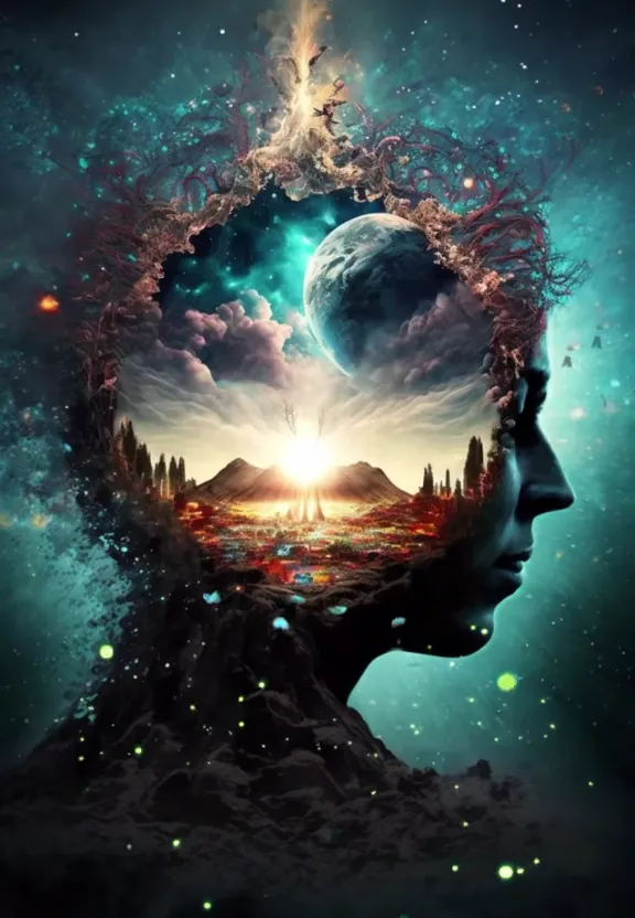 a person's head with a space scene in the middle of it