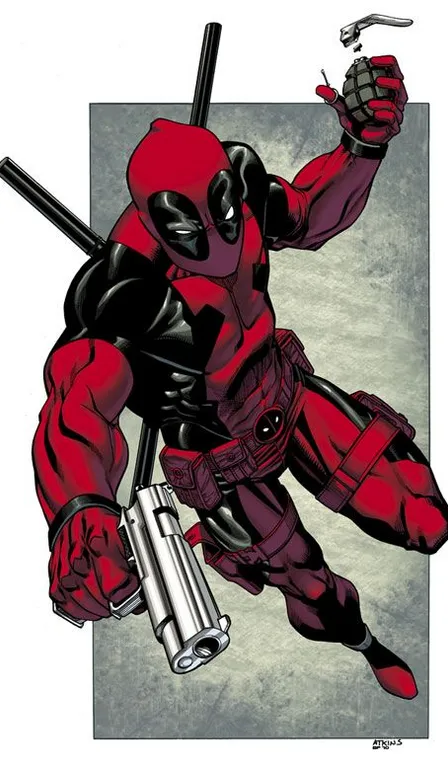 a drawing of a deadpool holding a gun