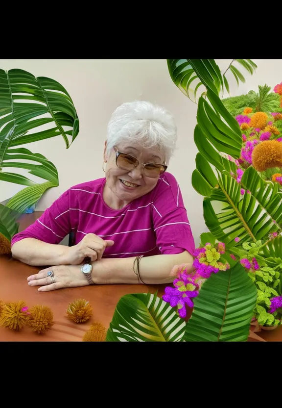 a woman sitting at a table surrounded by plants