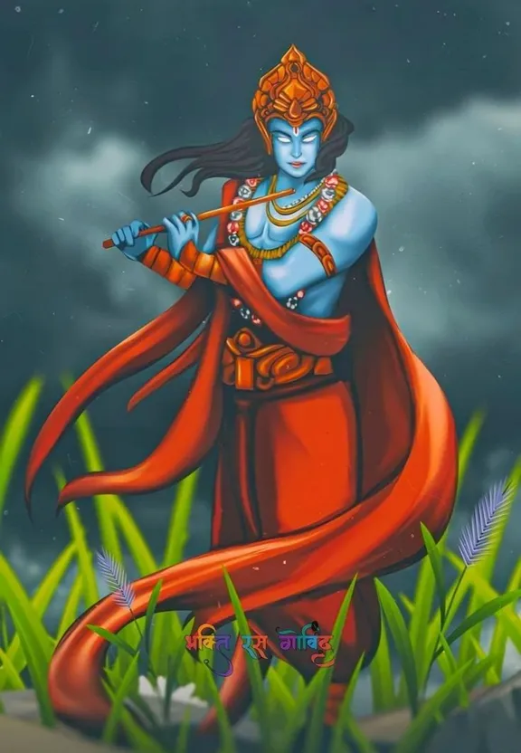 a painting of a Hindu god at night in a field. Change to a night scene.