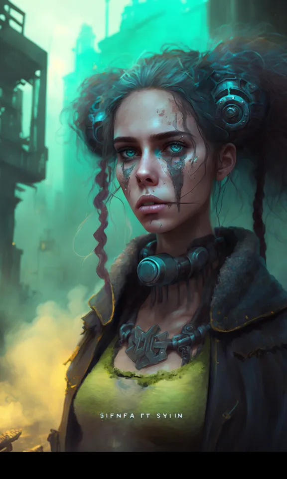 a woman in a yellow shirt and a black jacket. green, flash photography, cool, art, eyelash, electric blue, darkness, poster, fashion design, magenta