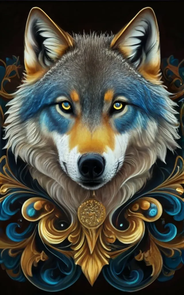 a painting of a wolf with blue eyes