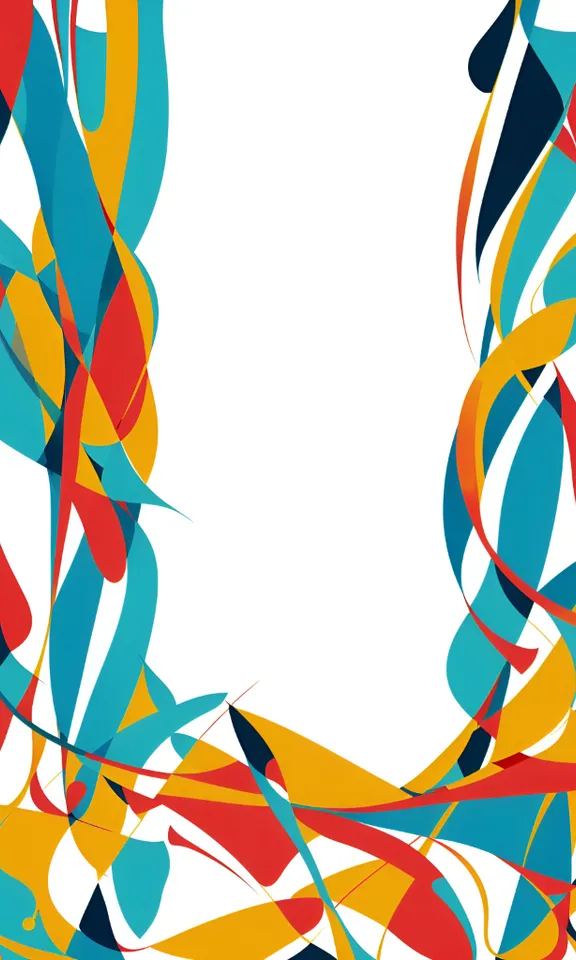 a white background with a blue, yellow, and red design
