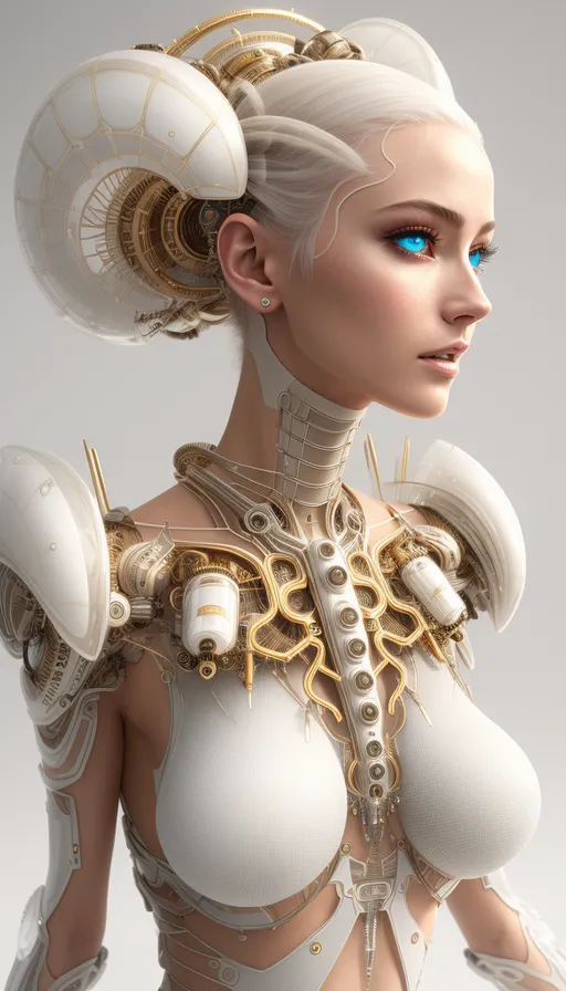 a woman in a futuristic outfit with a large headpiece