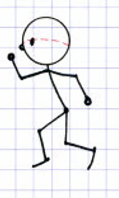 a drawing of a stick figure running across a sheet of paper. head, vertebrate, human body, rectangle, mammal, gesture, slope, font, parallel, symmetry