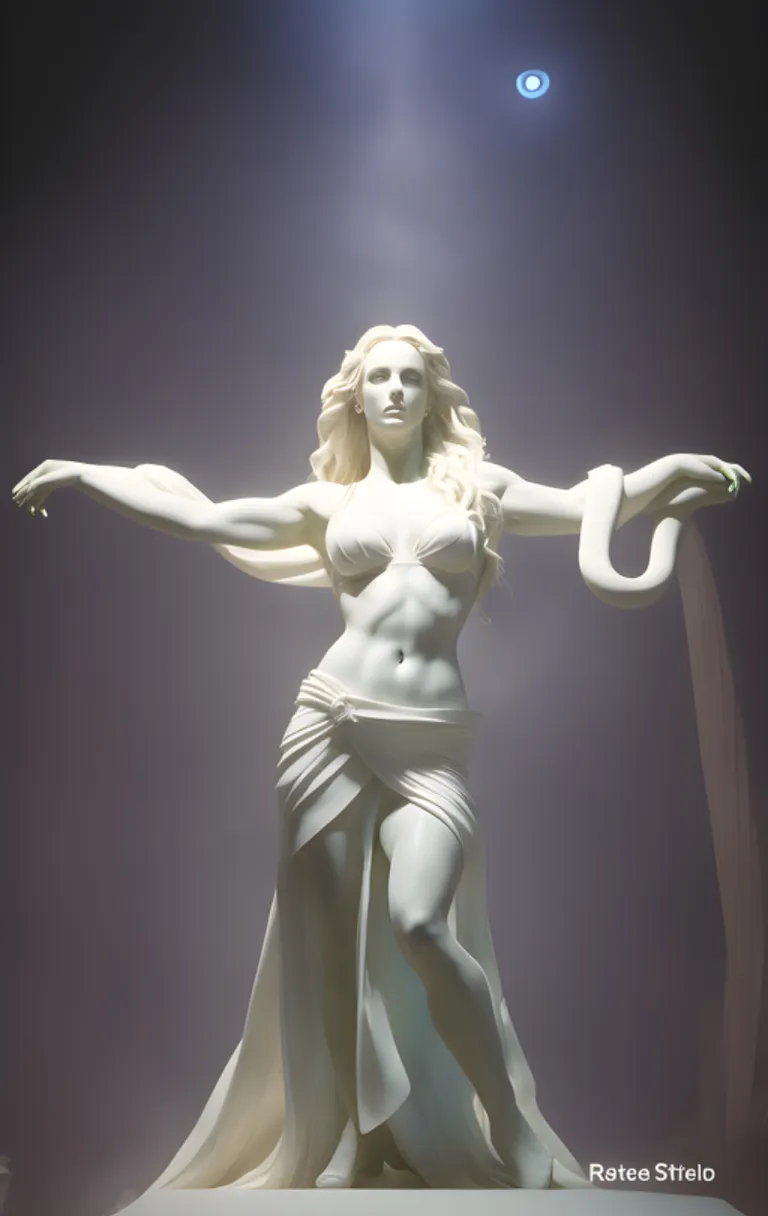 Epic stone statue of a highly detailed stunning Britney Spears holding a python snake, dark mysterious vibe, impressive lighting, intricate and detailed, 8k octane render, 