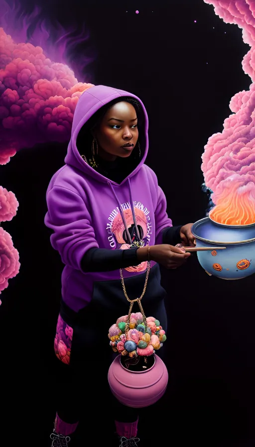 a woman in a purple hoodie holding a pot of candy