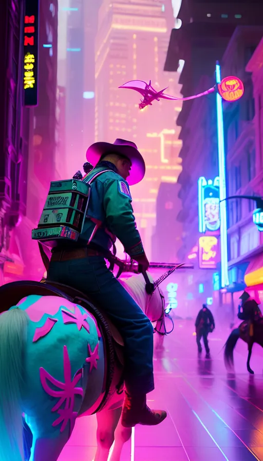 a man riding on the back of a horse in a neon city