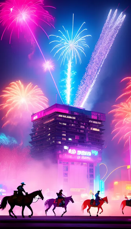 a group of people riding horses with fireworks in the background