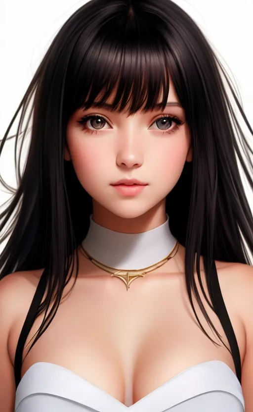 a woman with long black hair wearing a choker