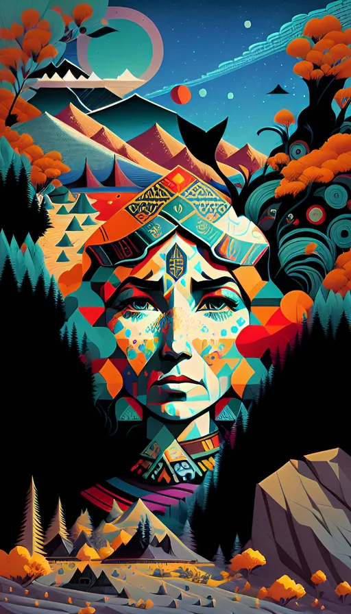 a painting of a man's face surrounded by trees