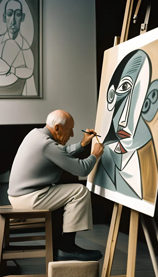 a man sitting in front of a painting on a easel