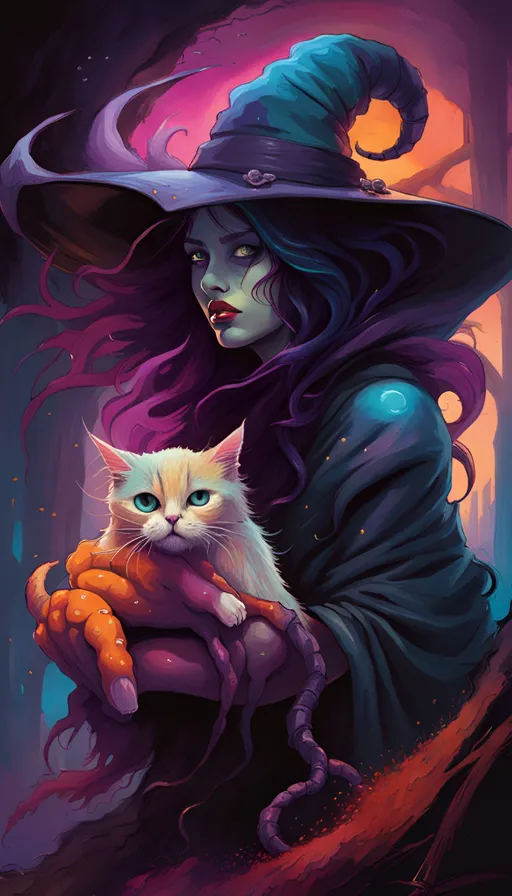 a painting of a witch holding a cat