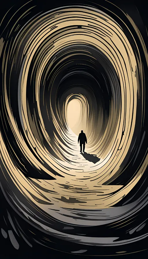 a man is walking through a tunnel with a light at the end