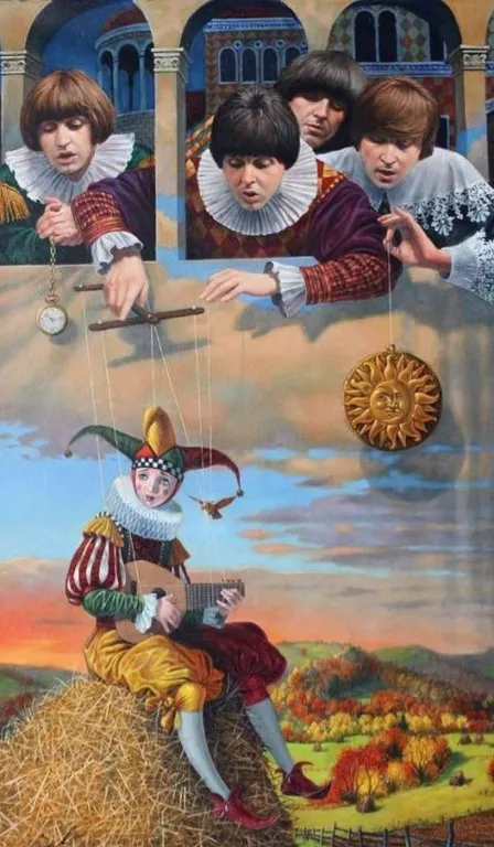 a painting of a group of people hanging from strings