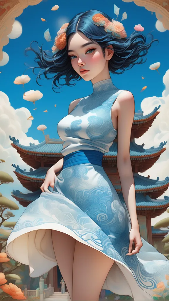 a painting of a woman in a blue dress