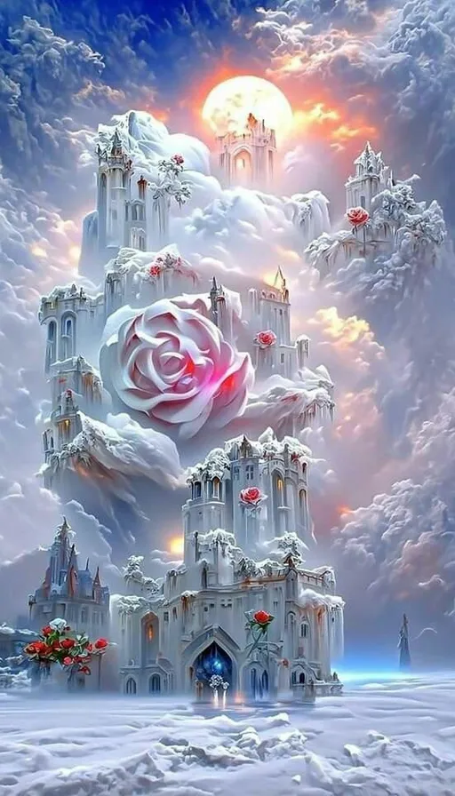 a painting of a castle with a rose in the middle of it