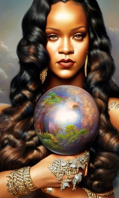 a painting of a woman holding a crystal ball. hair, head, eye, eyebrow, organ, eyelash, human, flash photography, iris, black hair