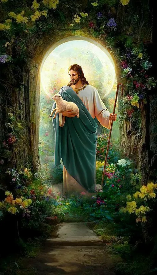 a painting of jesus holding a lamb in a garden